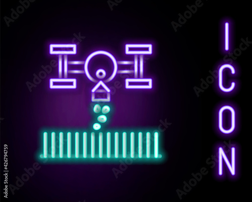 Glowing neon line Smart farm with drone control for seed planting icon isolated on black background. Innovation technology for agricultural company. Colorful outline concept. Vector
