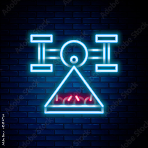 Glowing neon line Smart farm with drone control collects harvest icon isolated on brick wall background. Innovation technology for agricultural company. Colorful outline concept. Vector