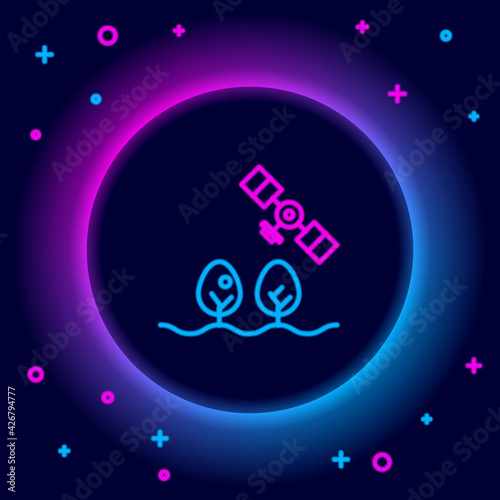 Glowing neon line Smart farm with drone control and tree icon isolated on black background. Innovation technology for agricultural company. Colorful outline concept. Vector