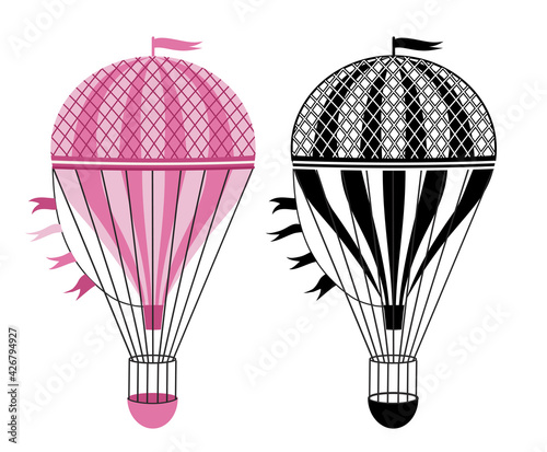 Black and white, colorful hot air balloons. Aerostat illustration. Vector illustration isolated on white background