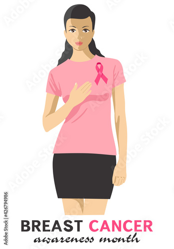 Breast cancer awareness concept vector illustration. Beautiful woman wearing pink ribbon to help promote breast cancer awareness