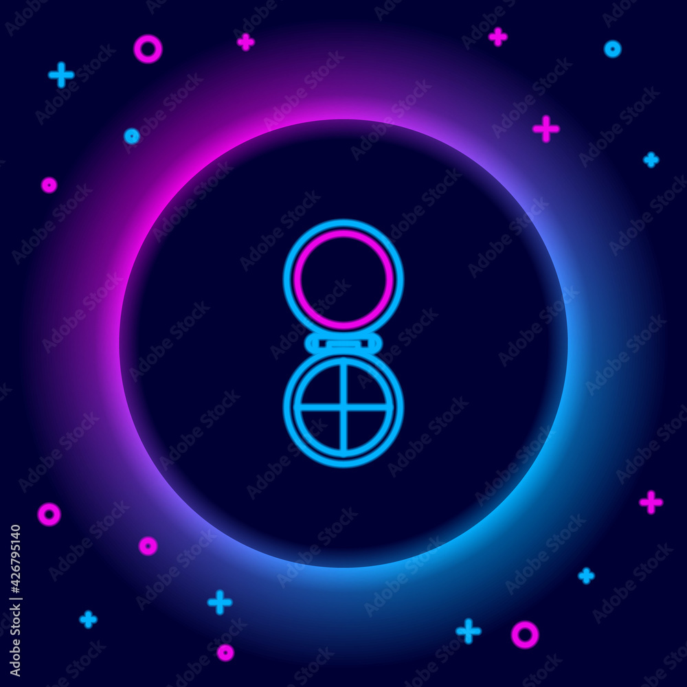 Glowing neon line Makeup powder with mirror icon isolated on black background. Colorful outline concept. Vector Glowing neon line Makeup powder with mirror icon isolated on black background. Colorful outline concept. Vector