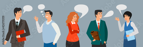 Business people talking. Managers, office workers, teachers. Conversation man woman in suits. Office team portrait, cartoon. Leaders together. Business people group chat communication bubble.