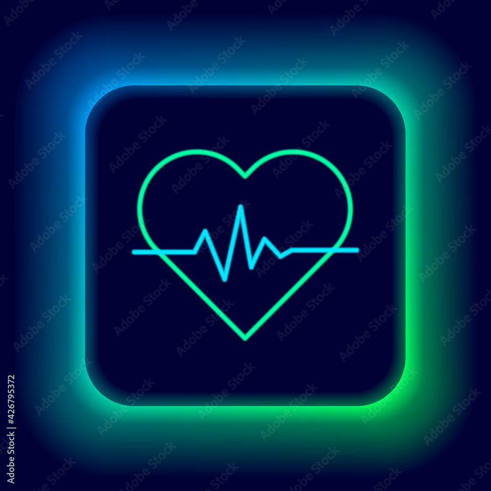 Glowing neon line Heart rate icon isolated on black background. Heartbeat sign. Heart pulse icon. Cardiogram icon. Colorful outline concept. Vector Glowing neon line Heart rate icon isolated on black background. Heartbeat sign. Heart pulse icon. Cardiogram icon. Colorful outline concept. Vector