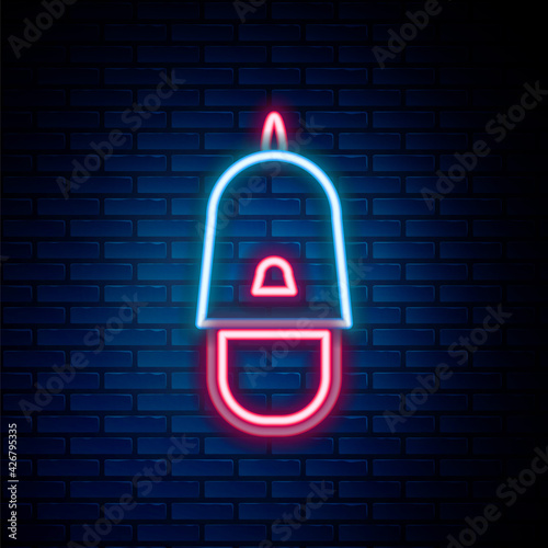 Glowing neon line Police cap with cockade icon isolated on brick wall background. Police hat sign. Colorful outline concept. Vector