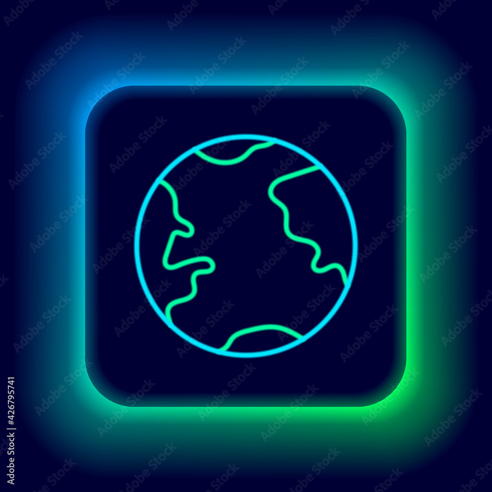 Glowing neon line Earth globe icon isolated on black background. World or Earth sign. Global internet symbol. Geometric shapes. Colorful outline concept. Vector