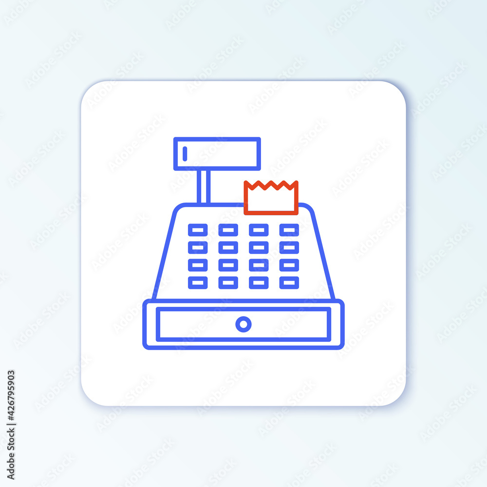 Line Cash register machine with a check icon isolated on white background. Cashier sign. Cashbox symbol. Colorful outline concept. Vector Line Cash register machine with a check icon isolated on white background. Cashier sign. Cashbox symbol. Colorful outline concept. Vector