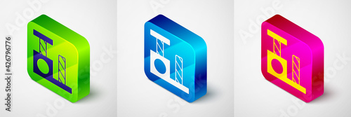 Isometric Cat scratching post with toy icon isolated on grey background. Square button. Vector