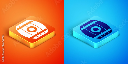 Isometric Wooden barrel with honey icon isolated on orange and blue background. Vector
