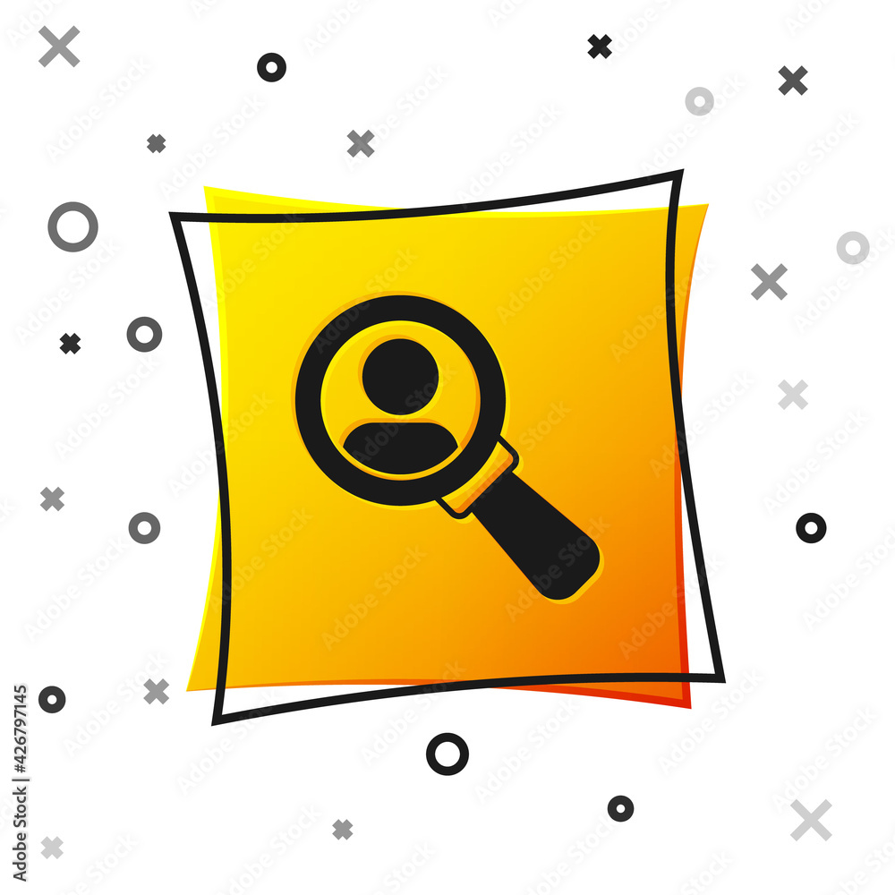 Black Magnifying glass for search a people icon isolated on white background. Recruitment or selection concept. Search for employees and job. Yellow square button. Vector