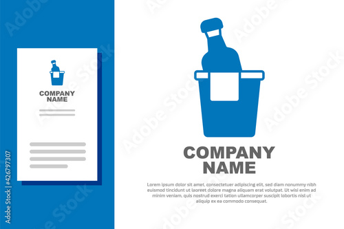 Blue Bottle of champagne in an ice bucket icon isolated on white background. Logo design template element. Vector