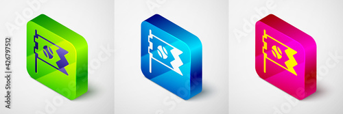 Isometric Flag with baseball ball icon isolated on grey background. Square button. Vector