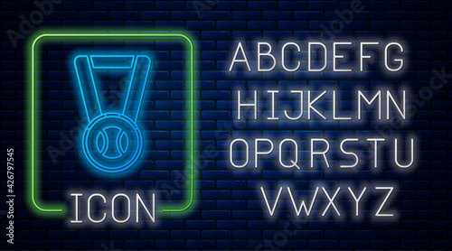 Glowing neon Medal with baseball ball icon isolated on brick wall background. Winner symbol. Neon light alphabet. Vector