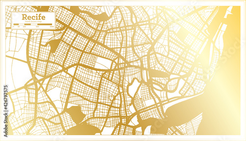 Recife Brazil City Map in Retro Style in Golden Color. Outline Map.
