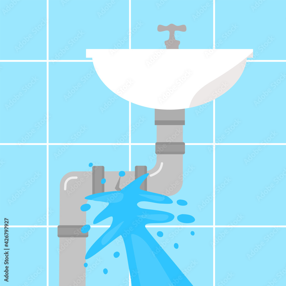 Vecteur Stock Water leak from broken sink pipe in bathroom in flat