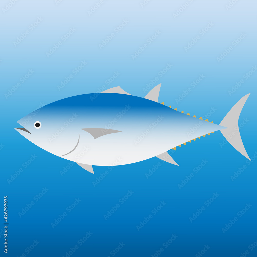 Naklejka premium 青い海の背景にマグロのイラスト fish pattern illustration