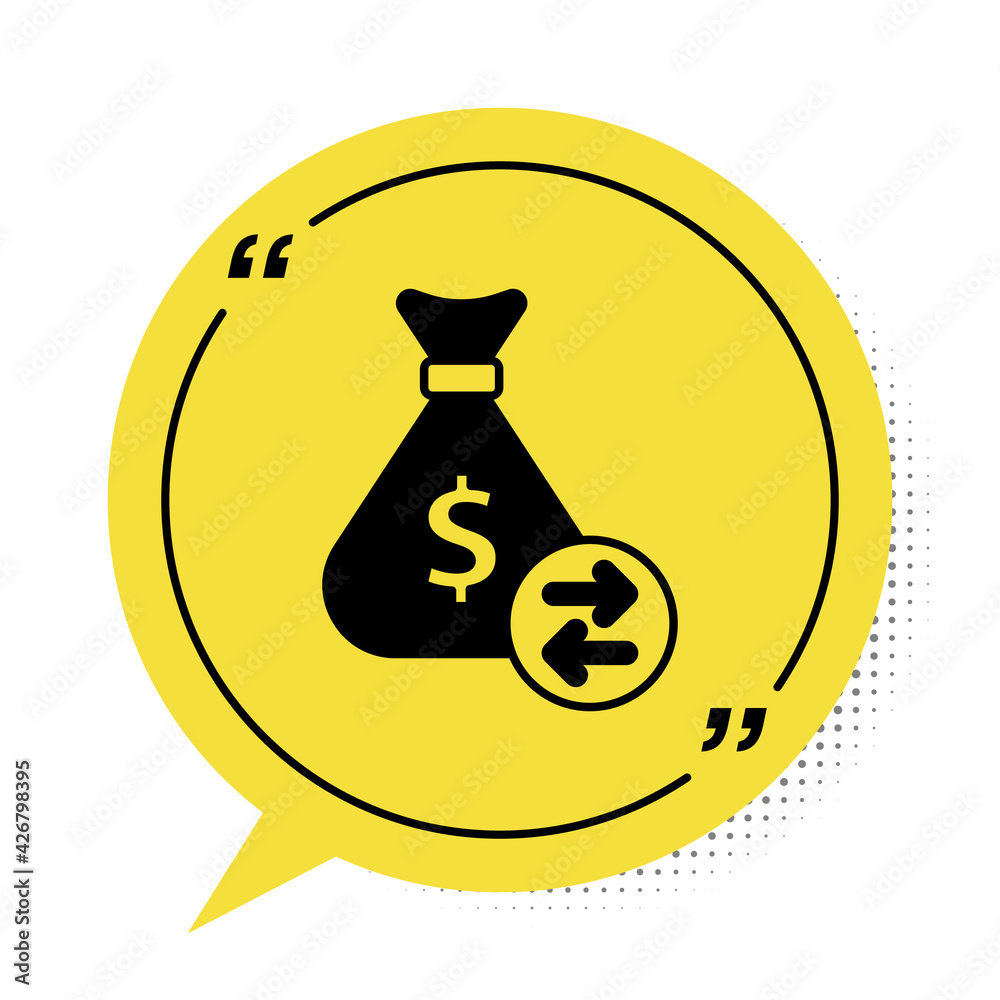 Black Money bag icon isolated on white background. Dollar or USD symbol. Cash Banking currency sign. Yellow speech bubble symbol. Vector Black Money bag icon isolated on white background. Dollar or USD symbol. Cash Banking currency sign. Yellow speech bubble symbol. Vector