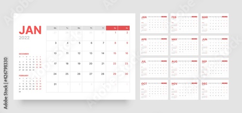 Monthly calendar for 2022 year. Week Starts on Monday.