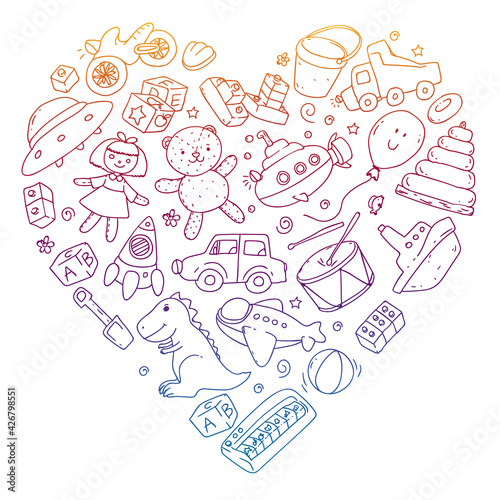 Vector pattern with kindergarten, toy children. Happy children illustration. Gradient drawing on a notebook in a Squared notebook.