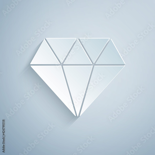 Paper cut Diamond icon isolated on grey background. Jewelry symbol. Gem stone. Paper art style. Vector