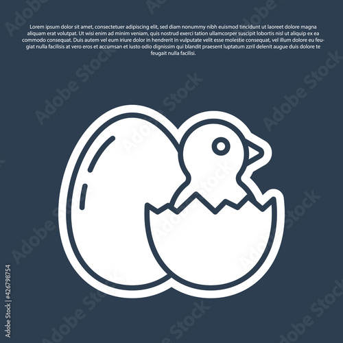 Blue line Little chick in cracked egg icon isolated on blue background. Vector