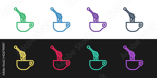 Set line Honey dipper stick with dripping honey icon isolated on black and white background. Honey ladle. Vector