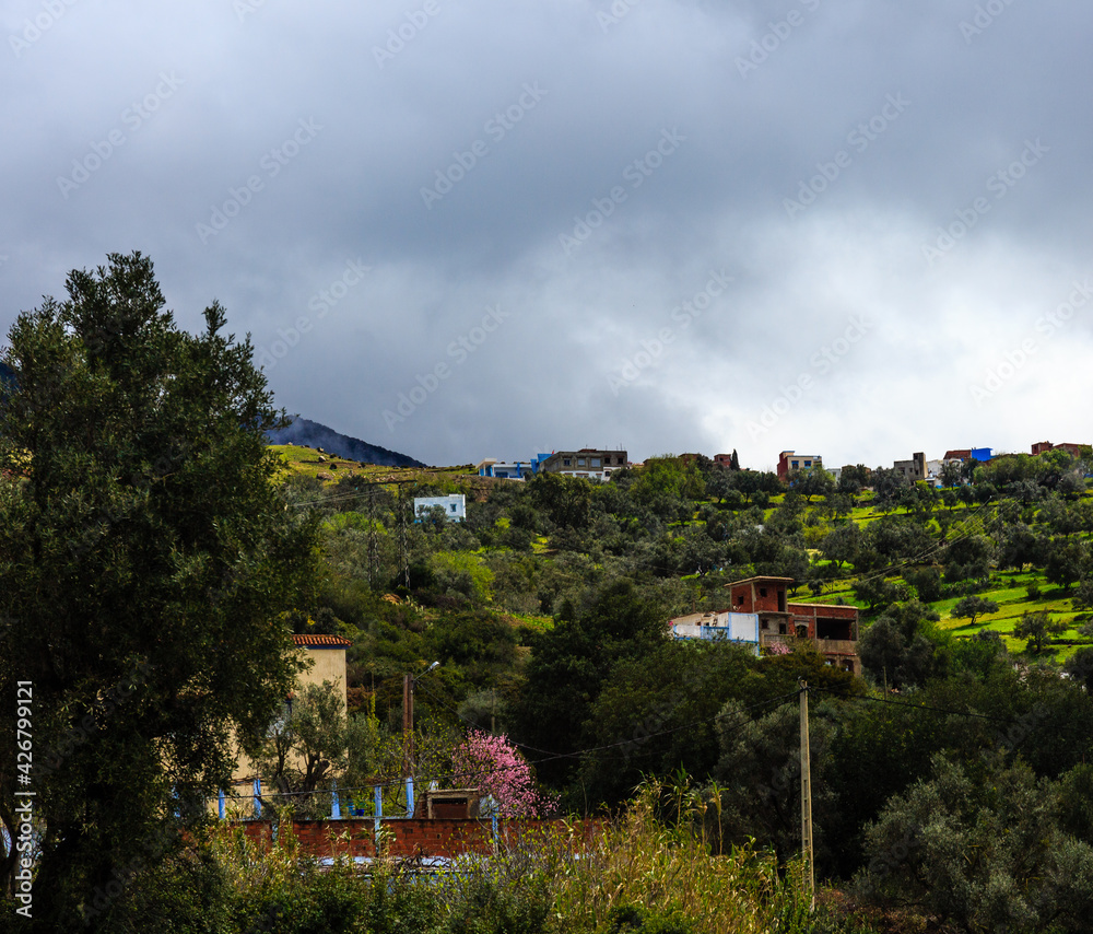 View to hills near Chefchaouen in cloudy day