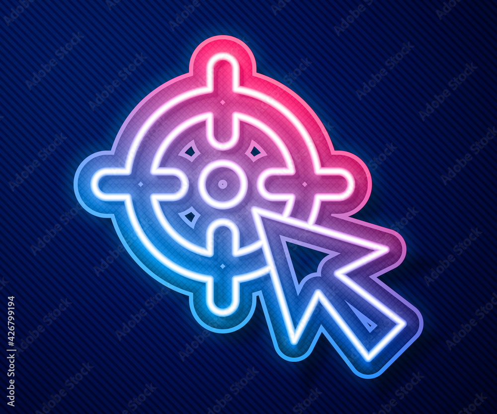 Glowing neon line Target financial goal concept icon isolated on blue background. Symbolic goals achievement, success. Vector Glowing neon line Target financial goal concept icon isolated on blue background. Symbolic goals achievement, success. Vector