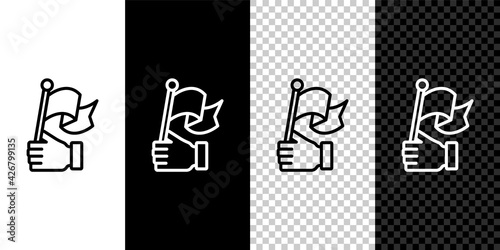 Set line Hand holding flag icon isolated on black and white, transparent background. Victory, winning and conquer adversity concept. Vector