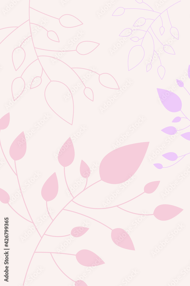 Pink abstract poster with simple shapes and floral elements, branches and leaves. Pink minimalist interior wall poster. Minimalist banner in purple, beige and pink colors. Trendy vector natural design
