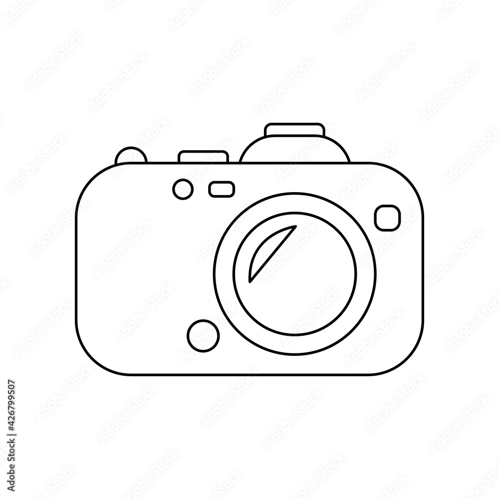 Linear black white camera icon. Can be used as a sticker, symbol or sign. Simple stock vector illustration isolated on white background. Take photo for hiking, traveling, walking. Outline photo camera Linear black white camera icon. Can be used as a sticker, symbol or sign. Simple stock vector illustration isolated on white background. Take photo for hiking, traveling, walking. Outline photo camera
