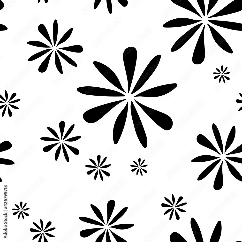 Seamless simple pattern of black flowers, abstract texture, vector floral print. Seamless black-white abstract pattern - for paper, for fabric, for textiles, minimalist wallpaper, simple background. Seamless simple pattern of black flowers, abstract texture, vector floral print. Seamless black-white abstract pattern - for paper, for fabric, for textiles, minimalist wallpaper, simple background.