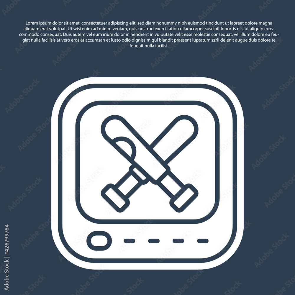 Blue line Monitor with baseball ball and bat on the screen icon isolated on blue background. Online baseball game. Vector Blue line Monitor with baseball ball and bat on the screen icon isolated on blue background. Online baseball game. Vector
