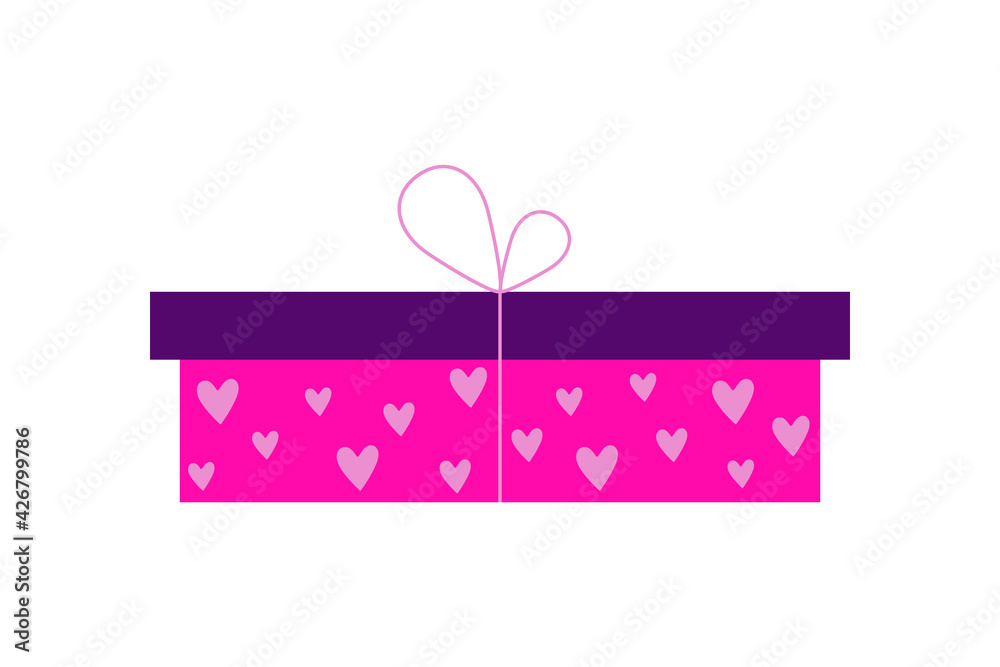 Wrapping gift box with a surprise wrapped in pink, purple or lilac paper. Can be used as an icon, symbol or sign. Stock vector festive illustration gift box with hearts, isolated on white background