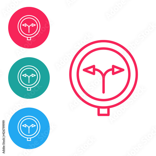 Red line Fork in the road icon isolated on white background. Set icons in circle buttons. Vector