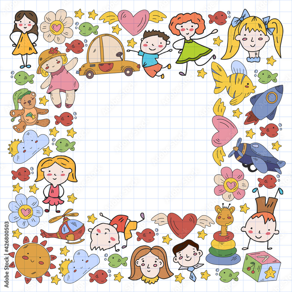 Kindergarten children. Doodle set of objects for kids. Toys and boys and girls. Vector outline icons Kindergarten children. Doodle set of objects for kids. Toys and boys and girls. Vector outline icons