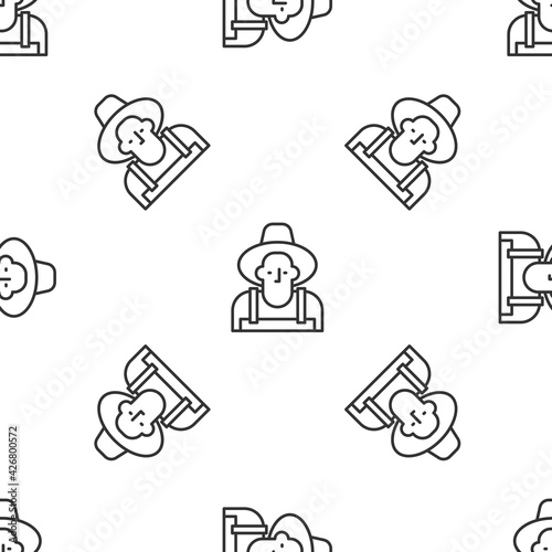 Grey line Farmer in the hat icon isolated seamless pattern on white background. Vector