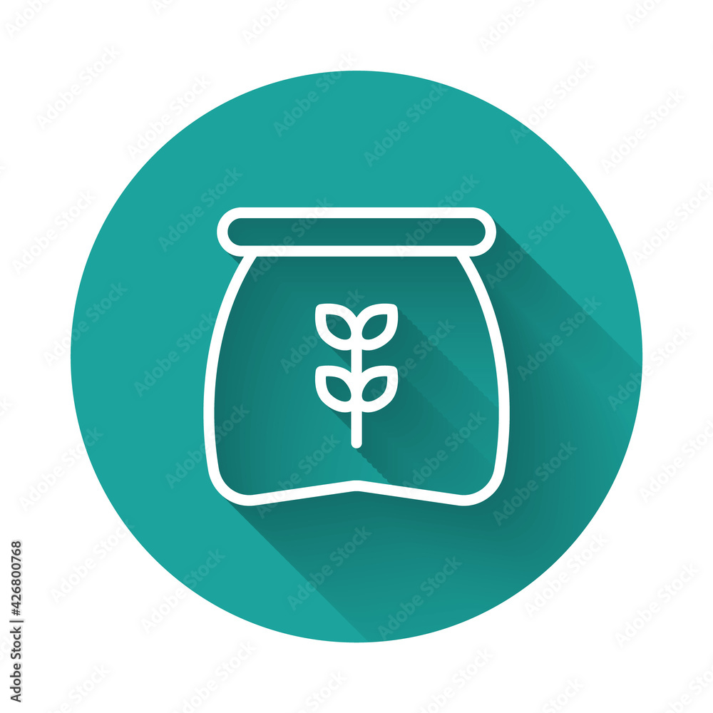 White line Bag of flour icon isolated with long shadow background. Green circle button. Vector White line Bag of flour icon isolated with long shadow background. Green circle button. Vector