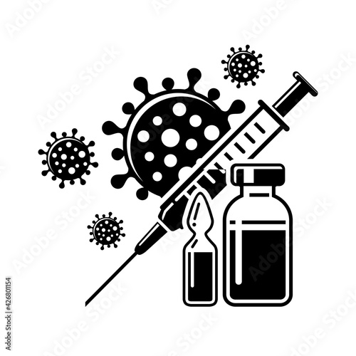 Time to COVID vaccinate icon. Vector illustration with syringe, bottle and vial with vaccine and virus.