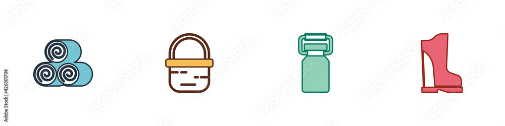 Set Roll of hay, Basket, Can container for milk and Waterproof rubber boot icon. Vector Set Roll of hay, Basket, Can container for milk and Waterproof rubber boot icon. Vector