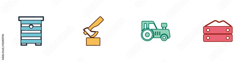 Set Hive for bees, Wooden axe, Tractor and Bag of flour icon. Vector Set Hive for bees, Wooden axe, Tractor and Bag of flour icon. Vector