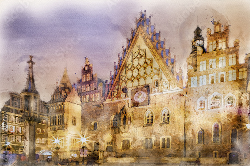 Wroclaw Historic Tawn Hall by Night - watercolor painting