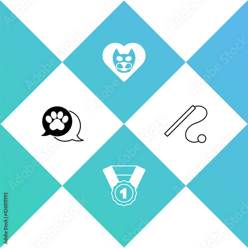 Set Paw print, Dog award symbol, Heart with cat and Pet toy icon. Vector