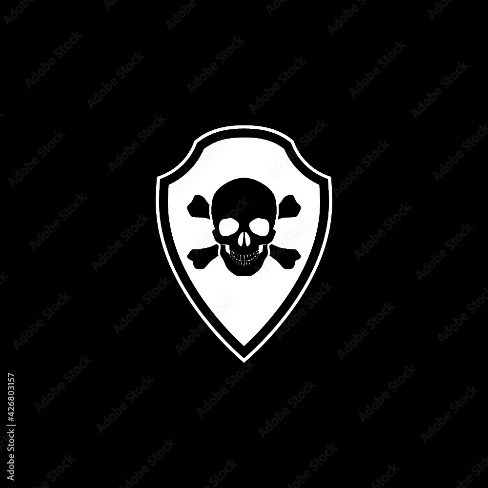 Shield with emblem of death and danger icon isolated on dark background Shield with emblem of death and danger icon isolated on dark background