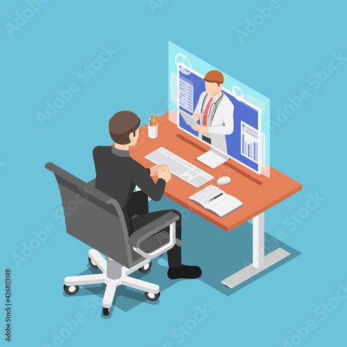 Isometric Businessman Video Conference with Doctor on PC Monitor