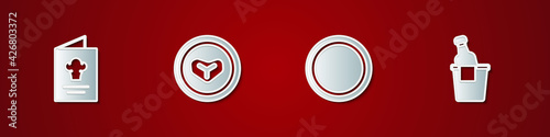 Set Cookbook, Steak meat on a plate, Plate and Champagne in an ice bucket icon. Vector