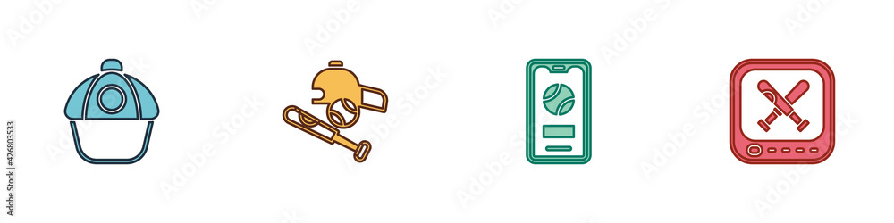 Set Baseball cap, bat with ball, hat, Mobile baseball and Monitor game icon. Vector Set Baseball cap, bat with ball, hat, Mobile baseball and Monitor game icon. Vector