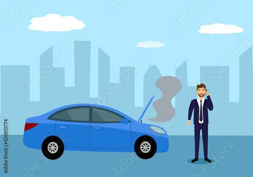 Business man on phone with car repair service in front of broken car in flat design. Car accident.