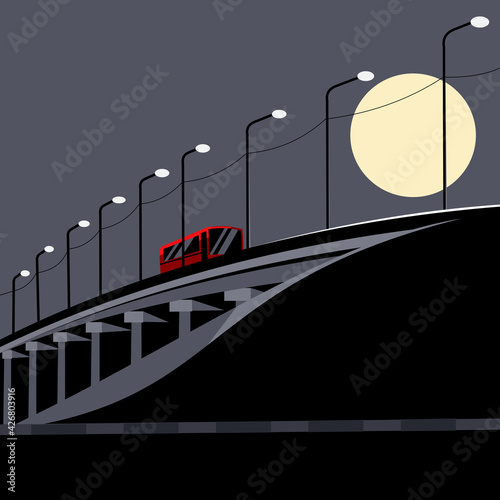 The red bus goes over the bridge. Vector illustration.