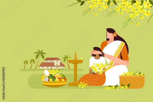 Mother blindfolds her daughter in front of auspicious things. A traditional gesture in the 'Vishu' festival in Kerala